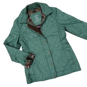 L.L. Bean Quilted Jacket Womens XS Green Equestrian Plaid Lined Barn Preppy